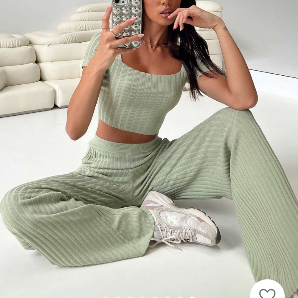 Princess Polly Sage Green Ribbed Wide Leg Pants
